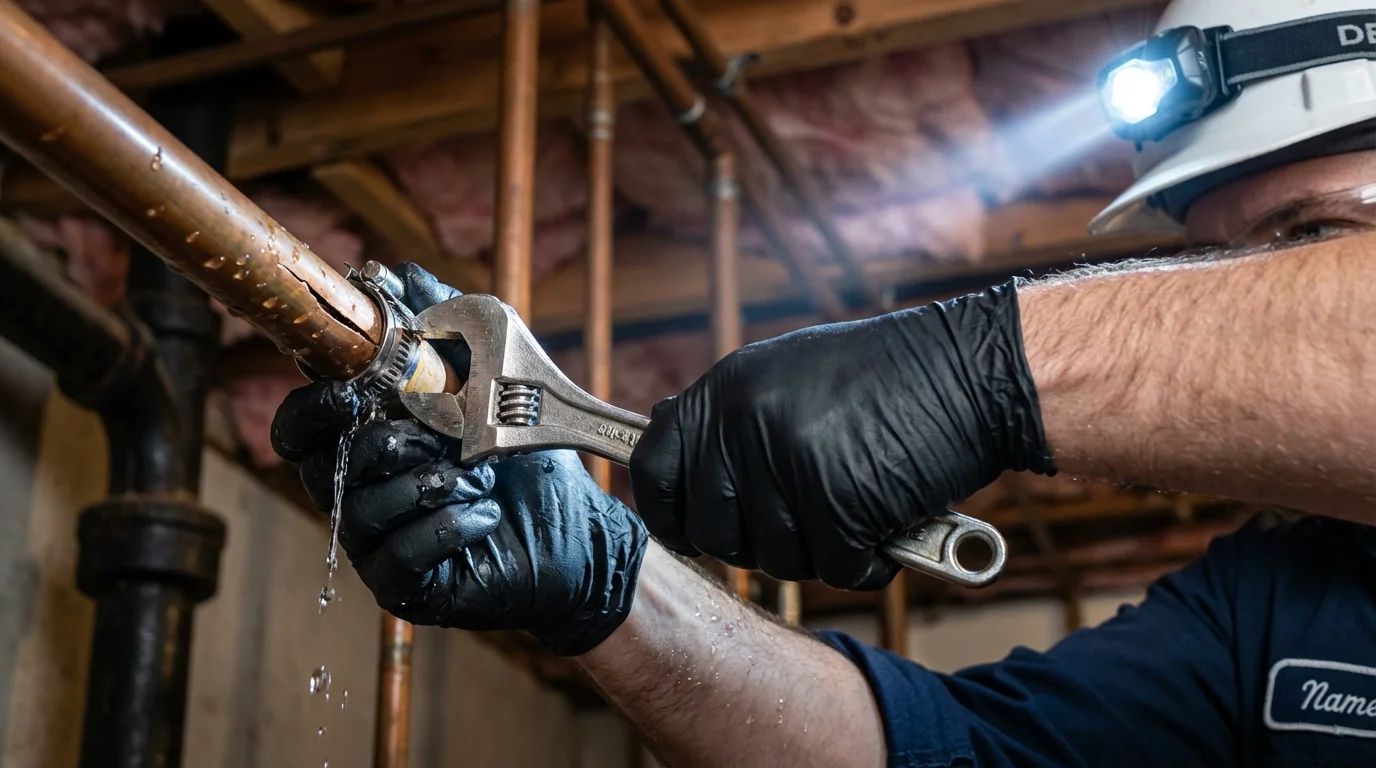 Emergency pipe clamp repair being performed by a Johns Plumbing LLC plumber in Wabasha