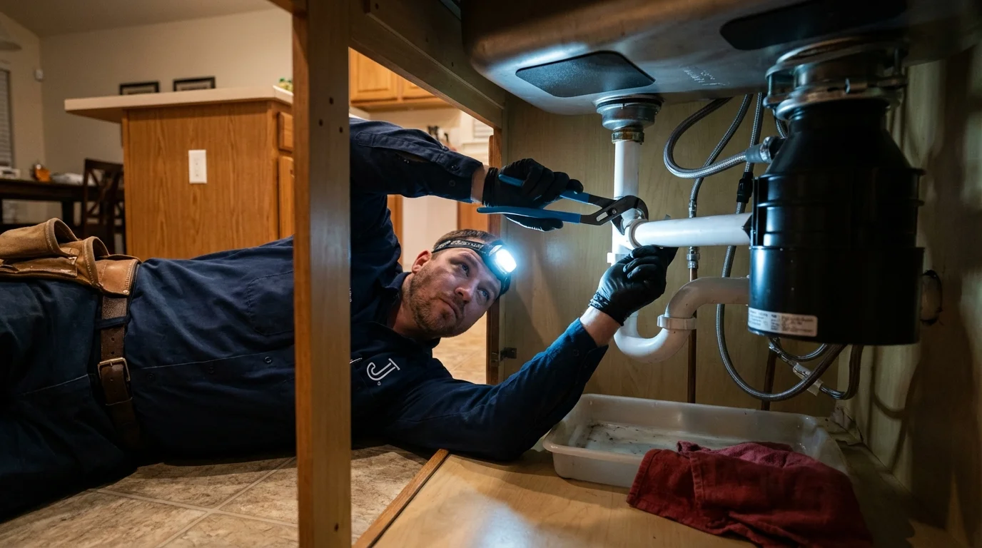P-trap and supply line connections under a kitchen sink showing a common leak point in Wabasha, MN